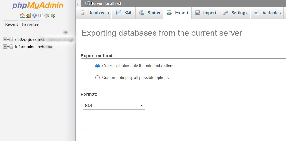 The Export tab in phpMyAdmin.