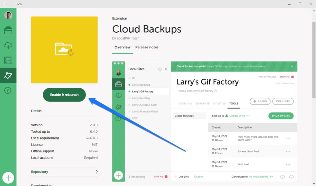enable and relaunch cloud backups add on
