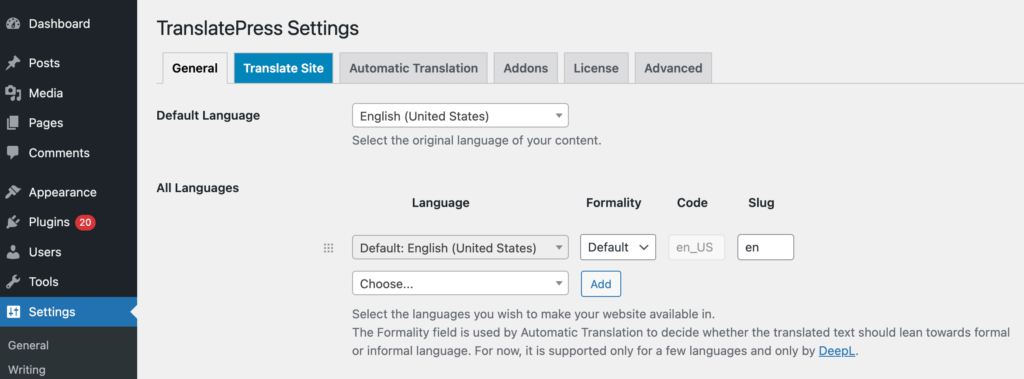 TranslatePress languages