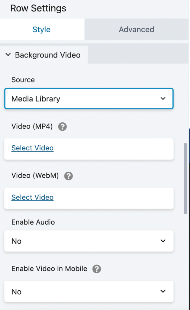 Choosing a video source in Beaver Builder. 