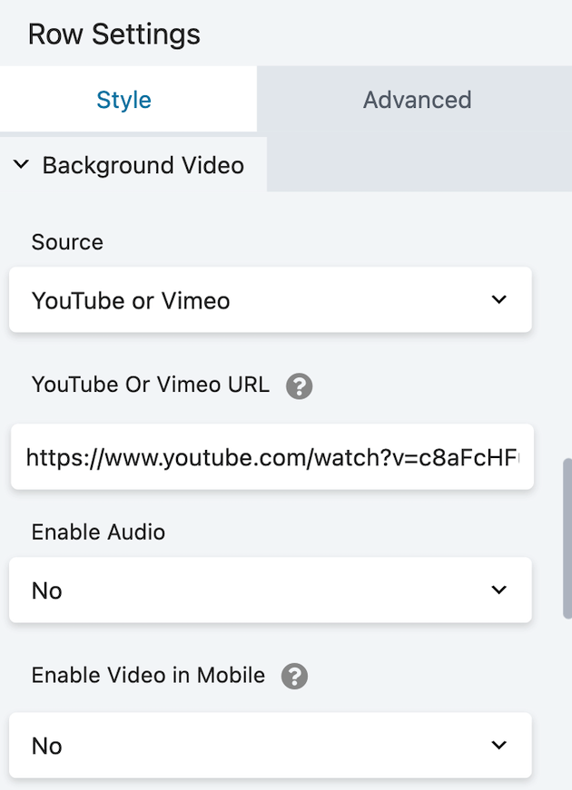 Pasting a YouTube URL into the Background Video tab. 