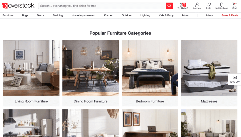 High-ticket dropshipping products: Overstock.com is a dropshipping business that sells furniture and other home foods
