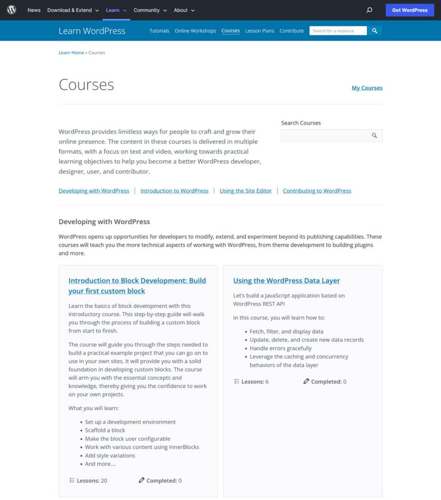 available courses in learn wordpress