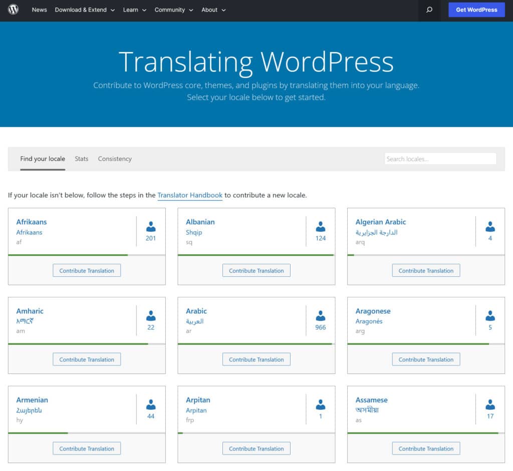 wordpress list of locales