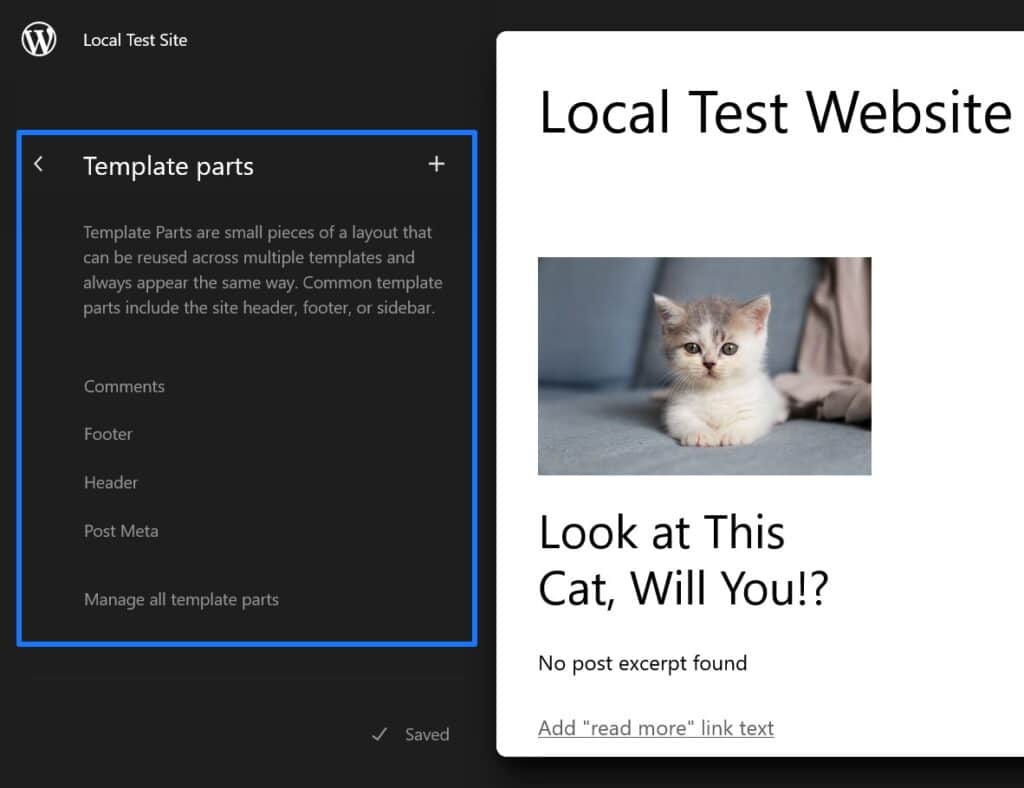 available template parts in wordpress site editor