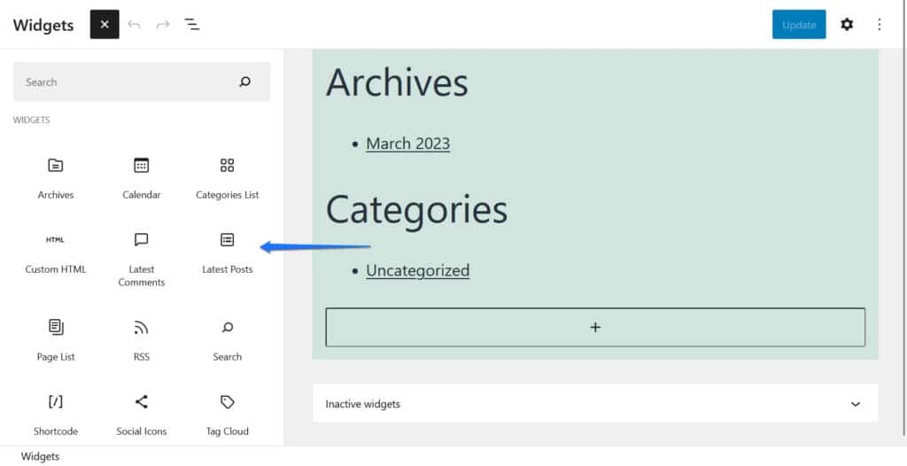 classic widgets in block inserter