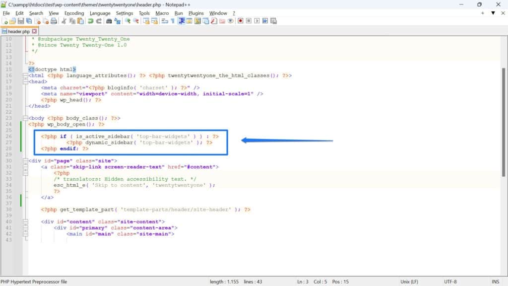 code to display widget area in header file