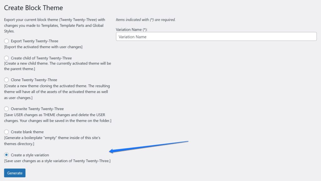 create style variation with create block theme plugin