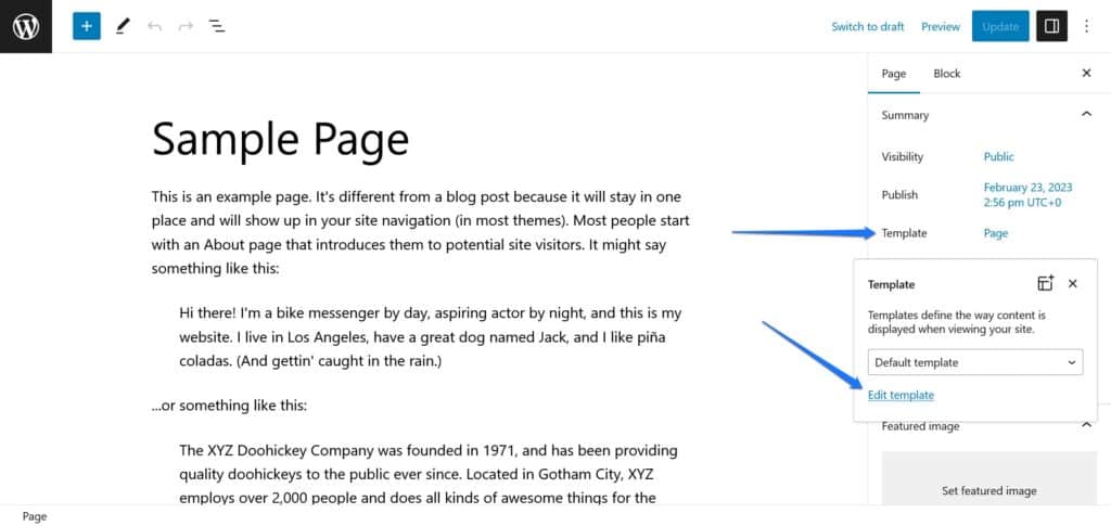 edit wordpress page template from template editor