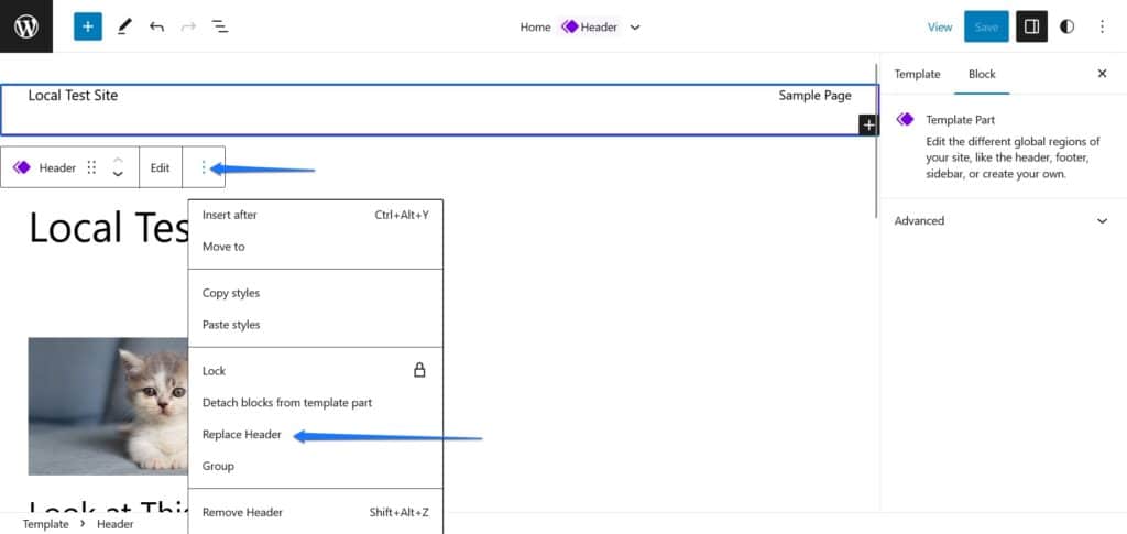replace header template part in site editor