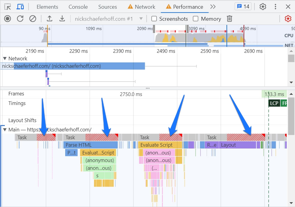 long task red flags chrome developer tools