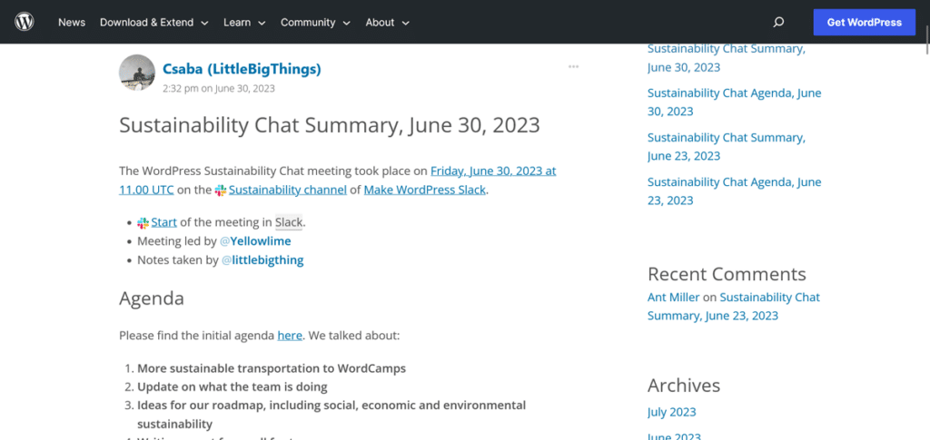 sustainability channel on make wordpress