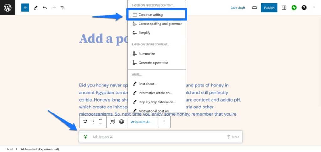 jetpack ai continue writing