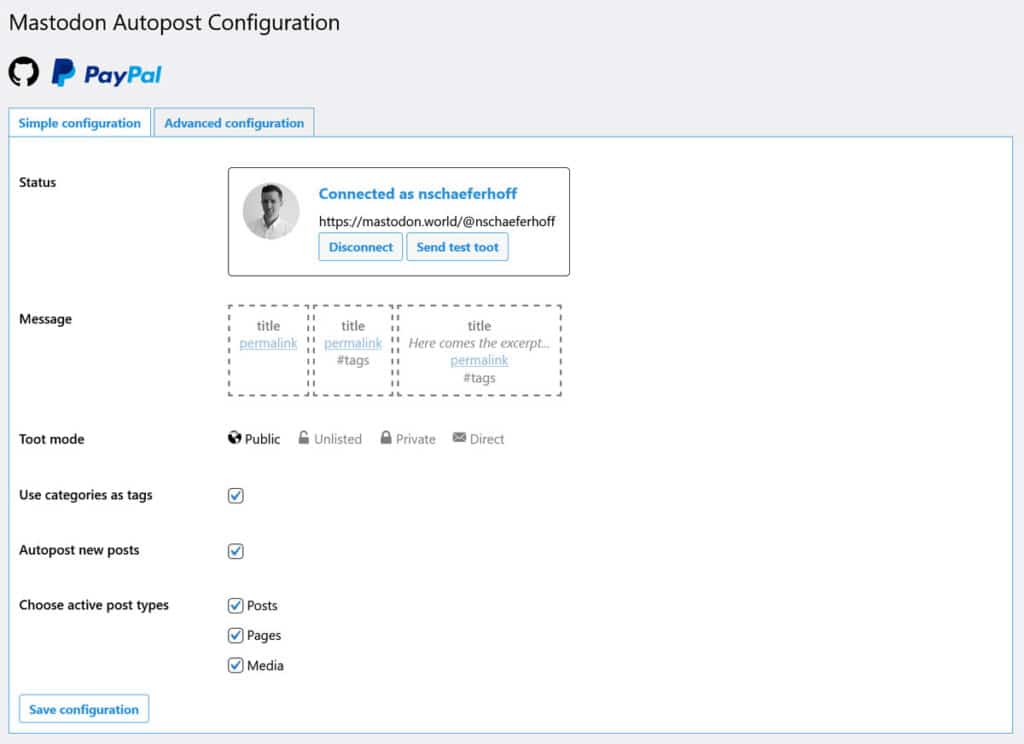 mastodon autopost configuration