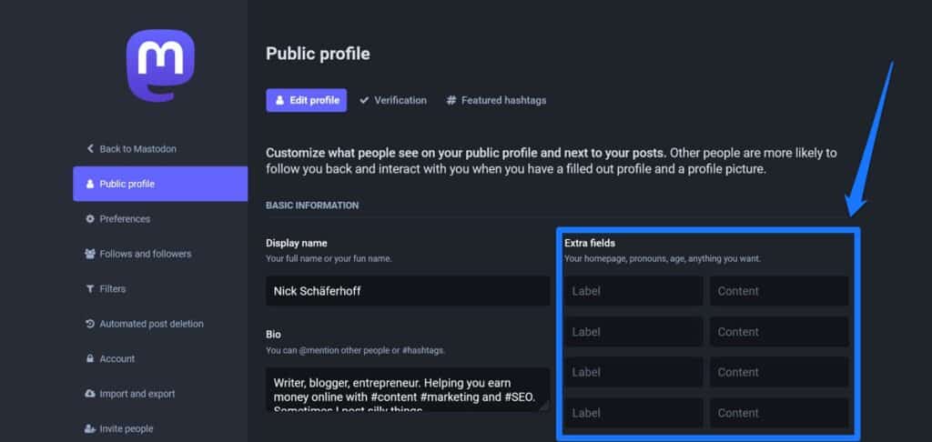 mastodon profile extra fields