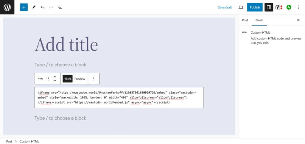 post mastodon embed post to wordpress editor