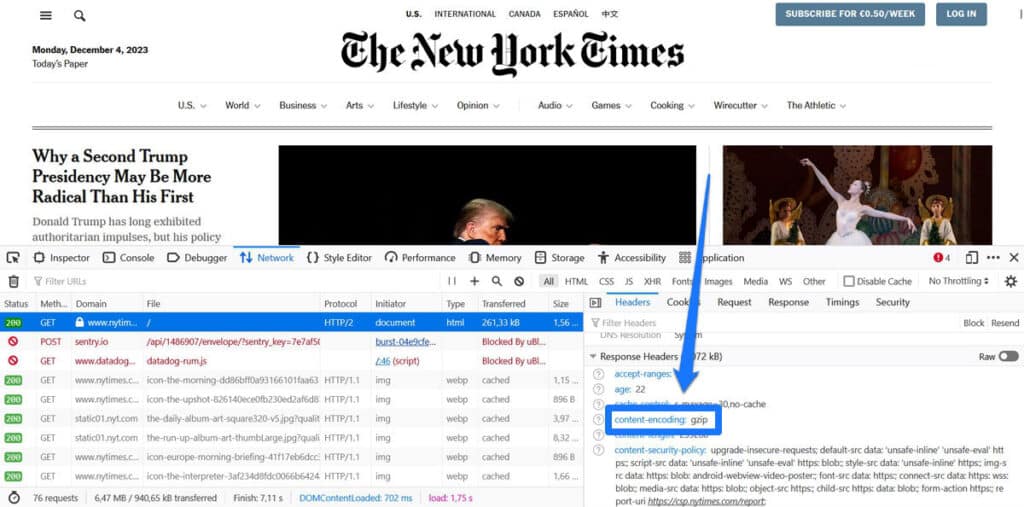 browser developer tools gzip response header
