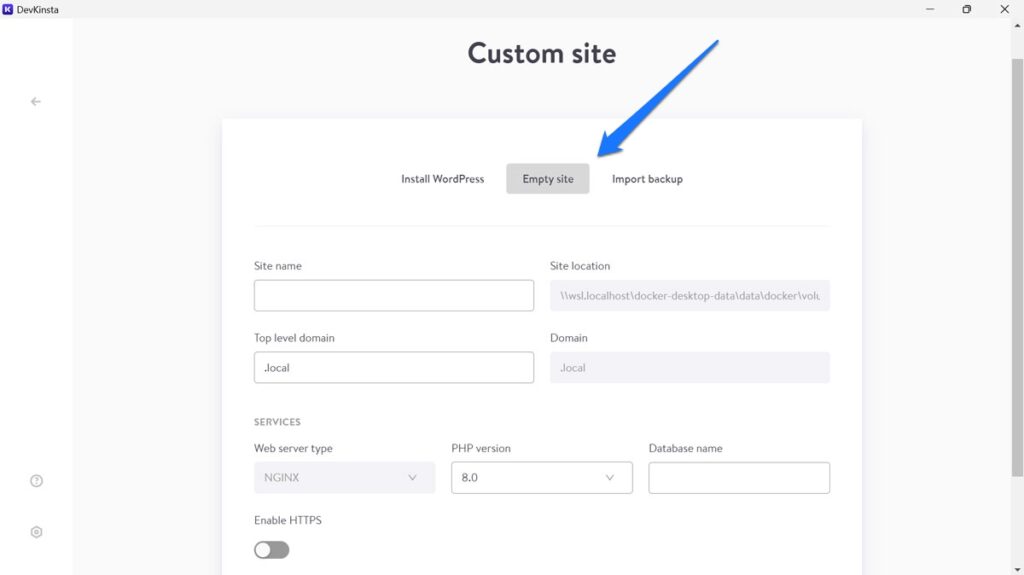create empty site in devkinsta