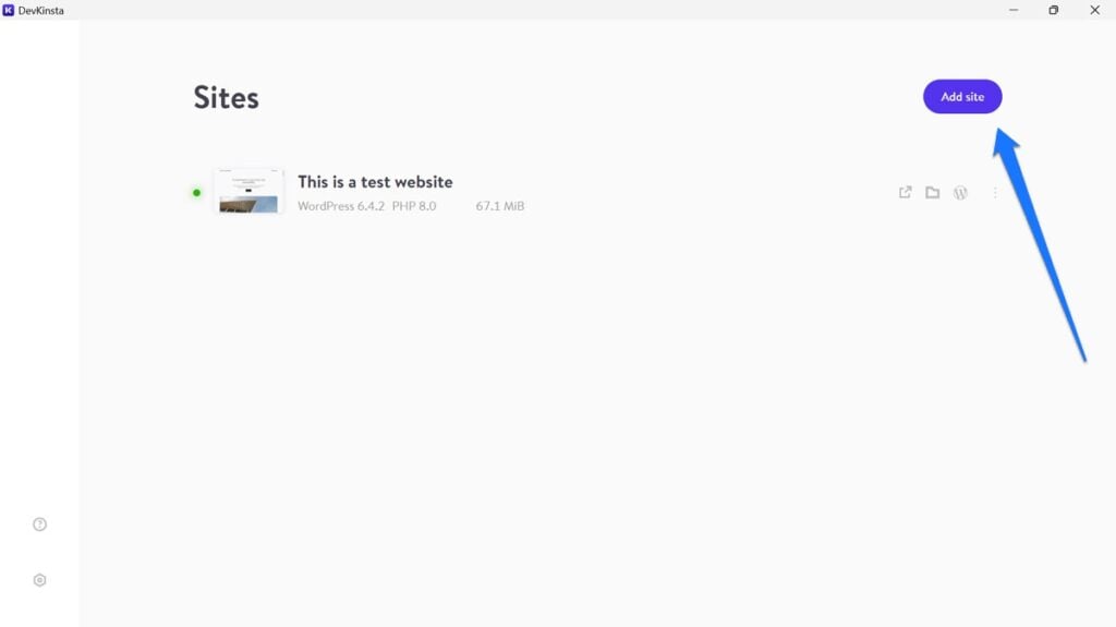 create site from devkinsta home screen