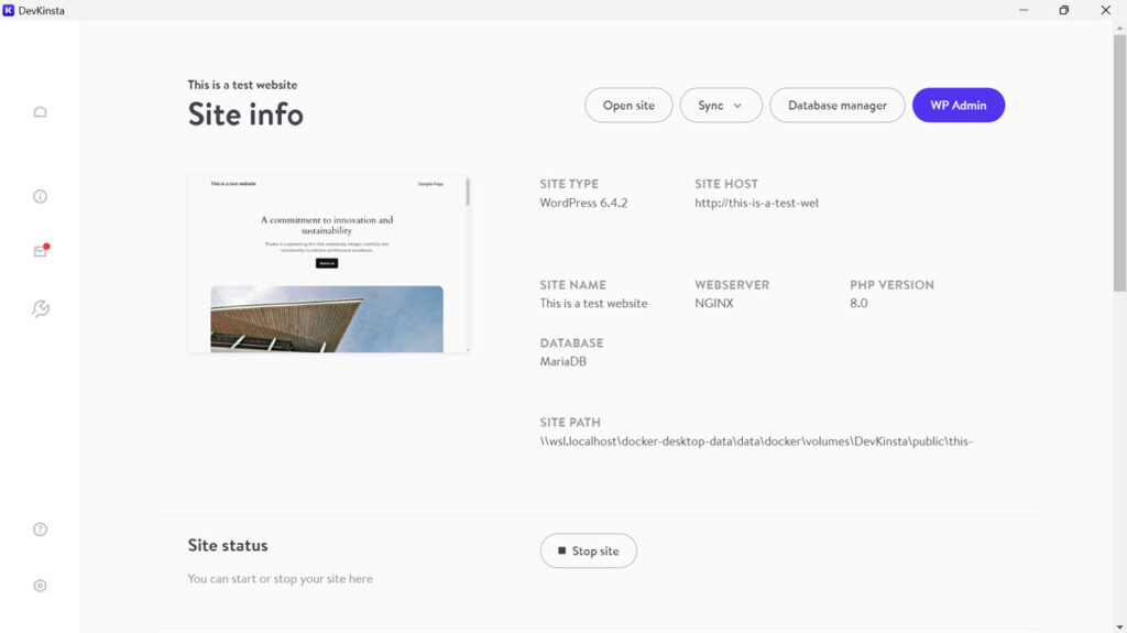 devkinsta local site configuration page