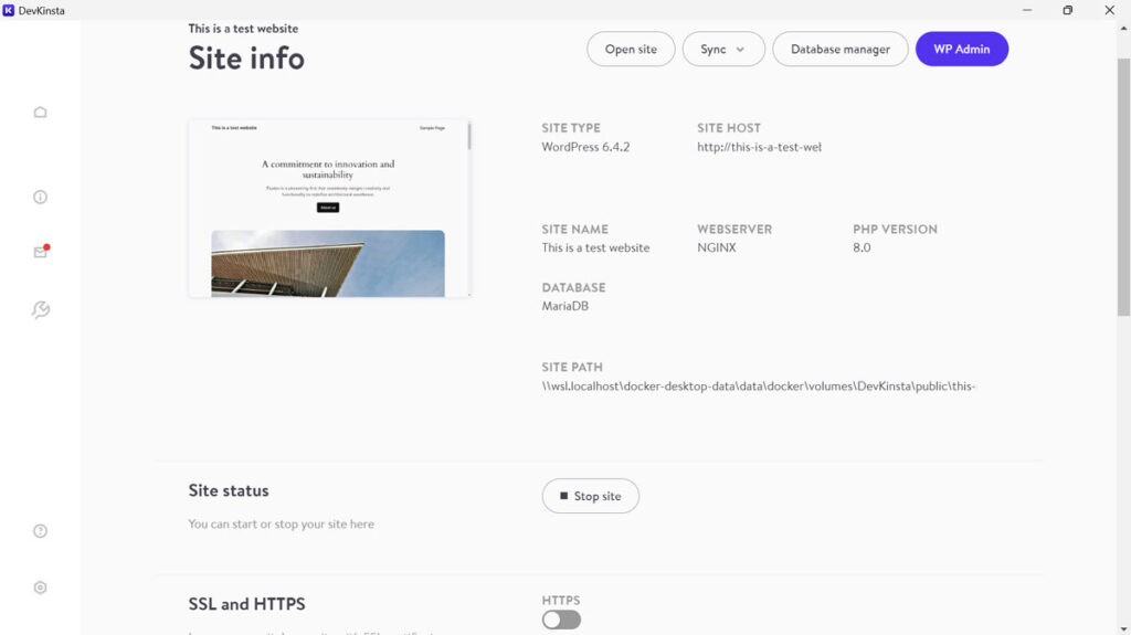 devkinsta site management options