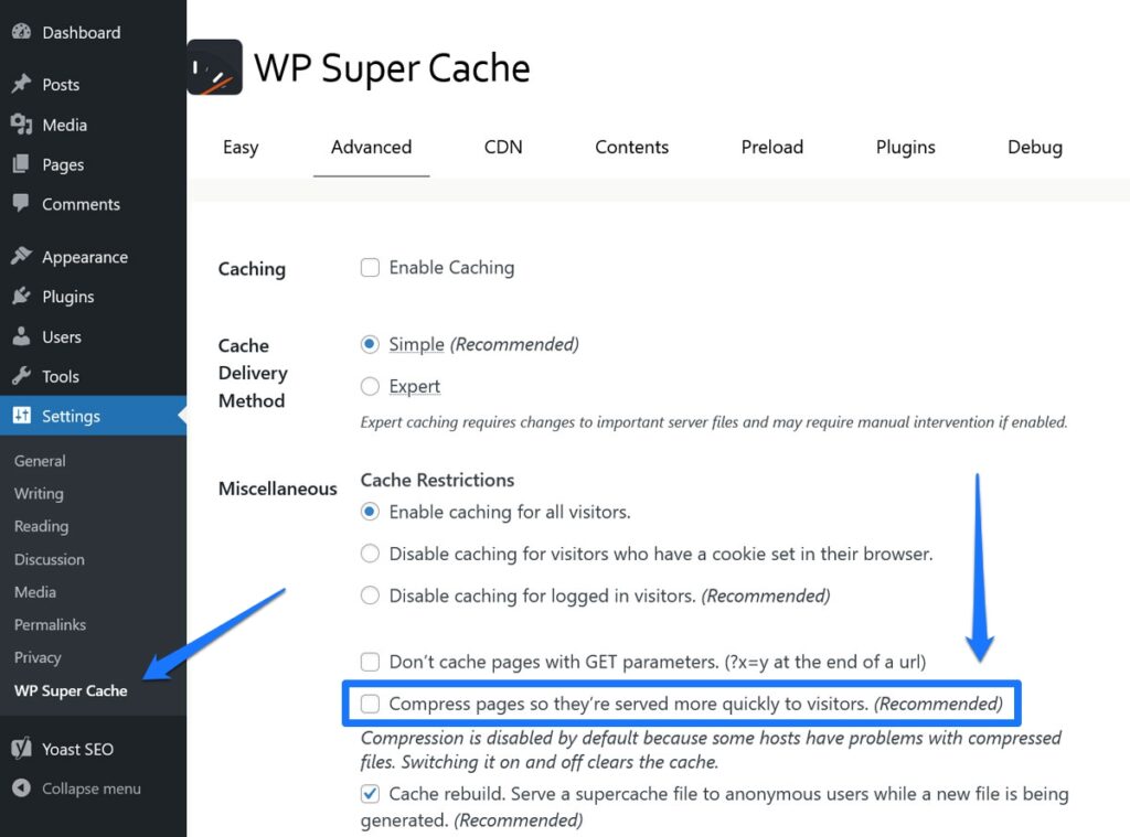 enable gzip compression for wordpress in wp super cache