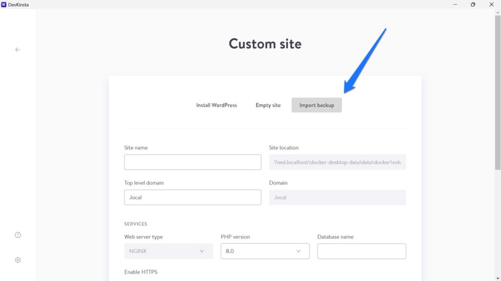 import backup in devkinsta