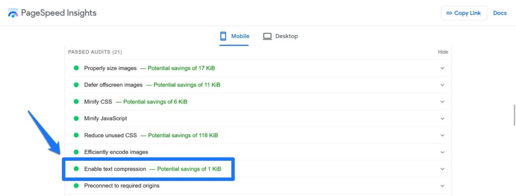 text compression audit pagespeed insights