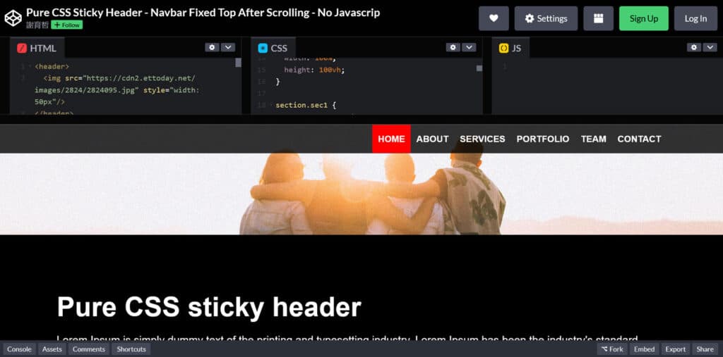 pure css sticky header codepen example